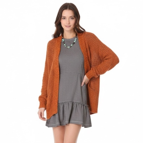 Free People Oh La La Cardigan Burnt Orange Open Knit Oversized L - Picture 3 of 15